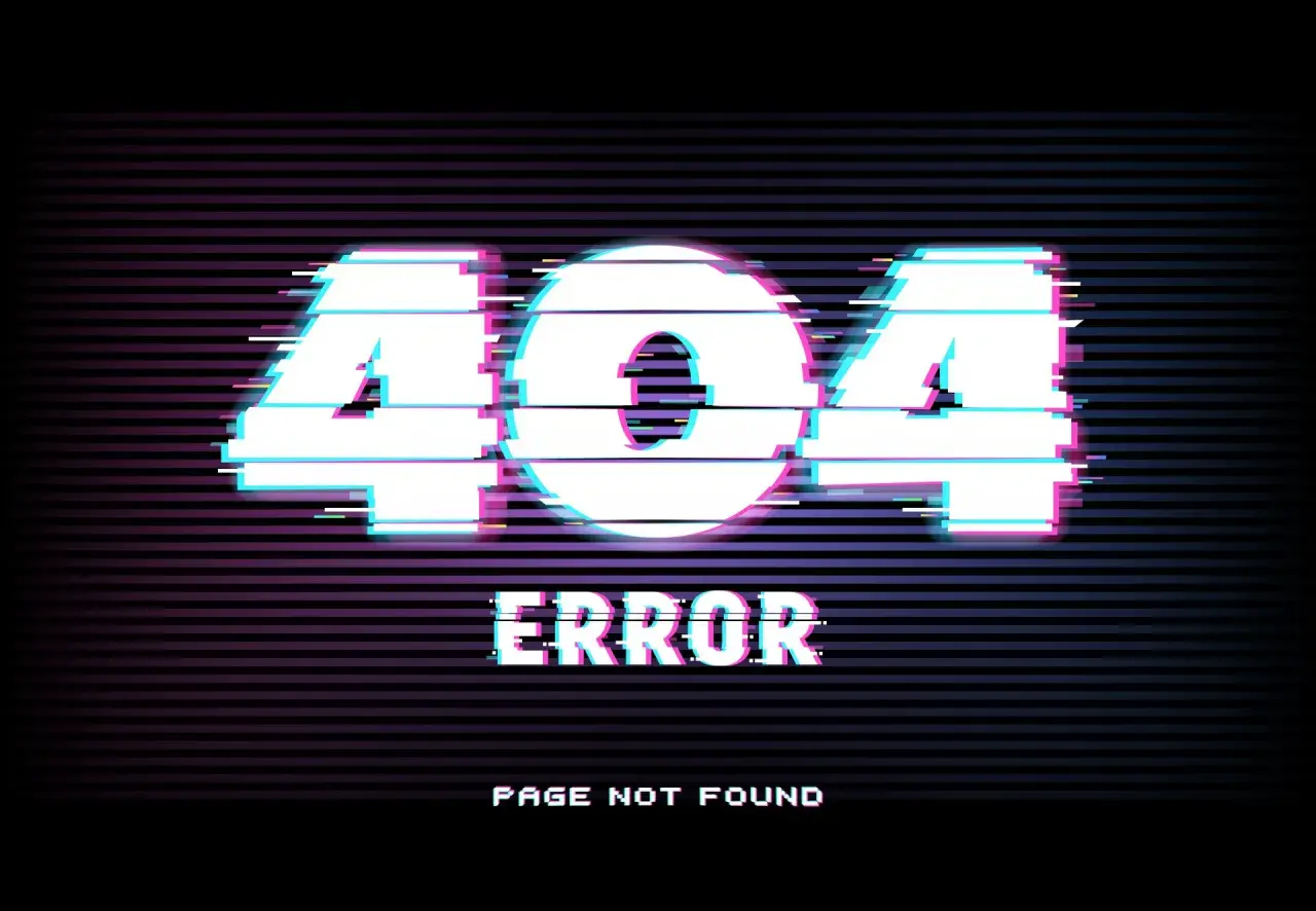 Cyfrowy błąd 404 z efektem glitch. Strona nie została odnaleziona, jakby zaginęła w cyfrowej otchłani.