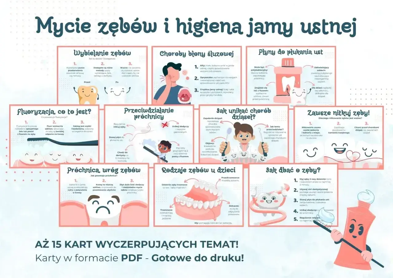 Ilustracja przedstawia kompleksowy poradnik dotyczący higieny jamy ustnej, od wybielania zębów po zapobieganie próchnicy i chorobom dziąseł.