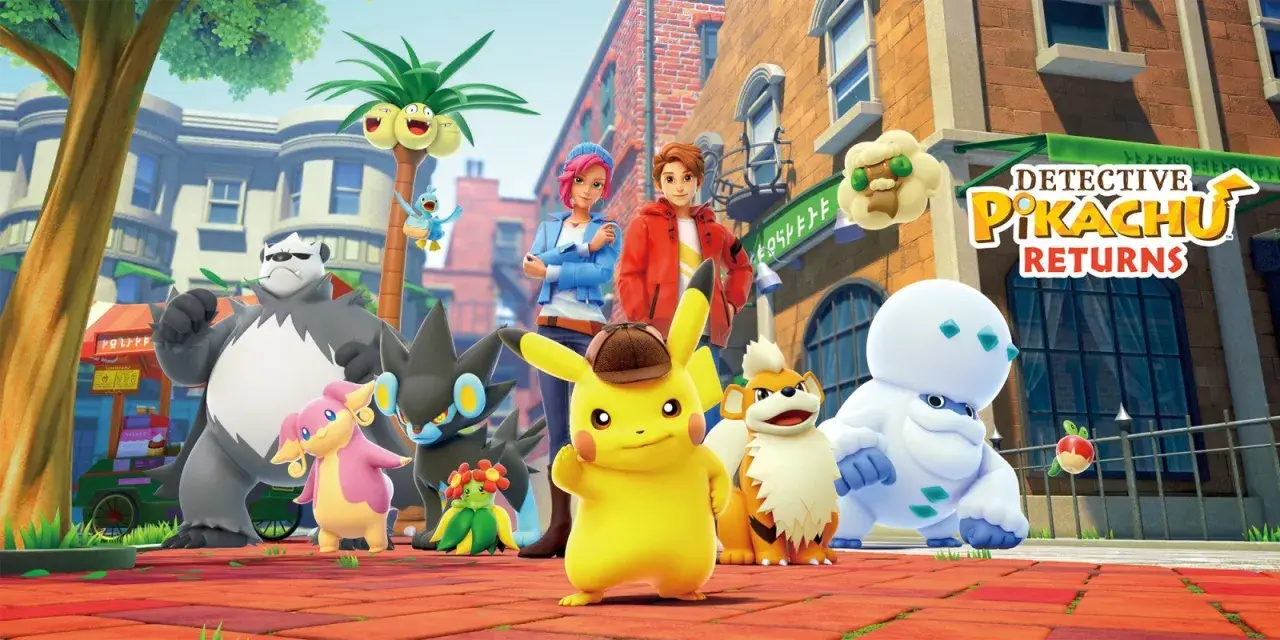 Pikachu i jego przyjaciele w grze detektyw pikachu 2 przemierzają miasto. W tle logo gry.