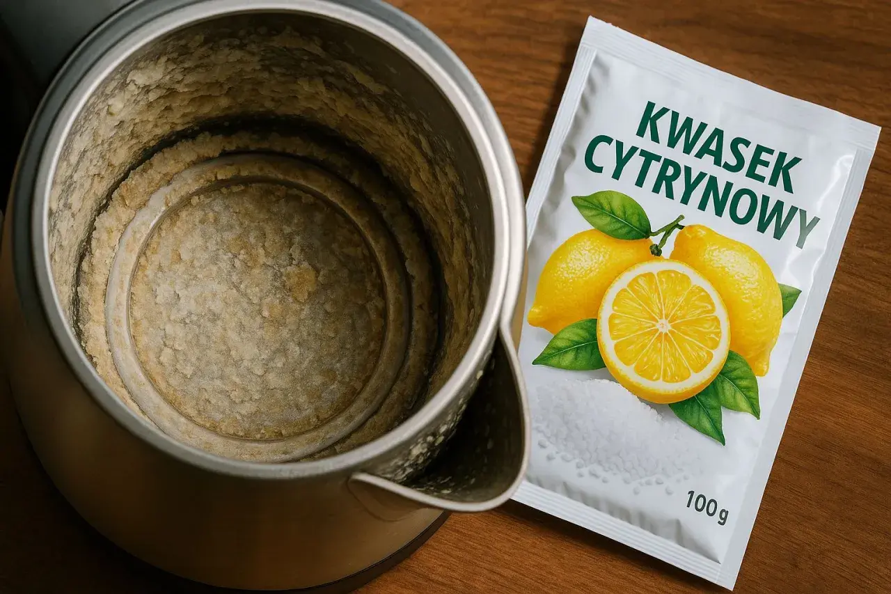 Zwapniony czajnik i opakowanie kwasku cytrynowego. Dowiedz się, jak odkamienić kwaskiem cytrynowym, by przywrócić mu blask.