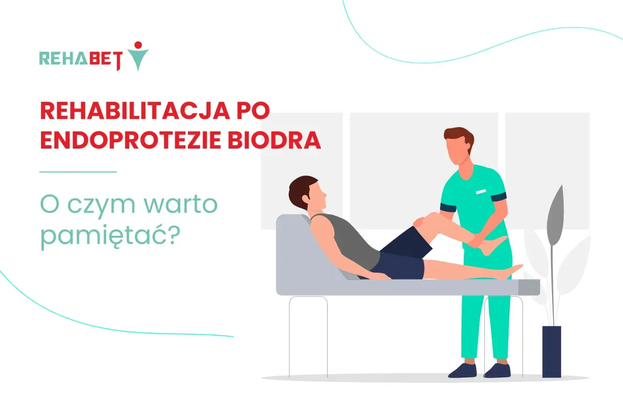 Rehabilitacja po endoprotezie stawu biodrowego: fizjoterapeuta pomaga pacjentowi w ćwiczeniach.
