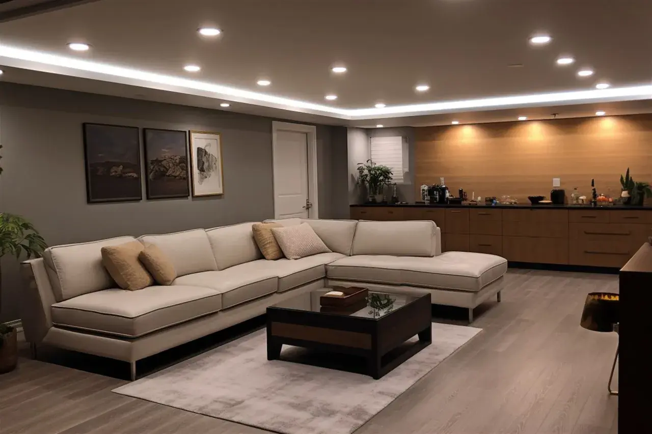 Sofá seccional beige frente a una barra de cocina. Una regleta focos techo ilumina la estancia, creando un ambiente acogedor.