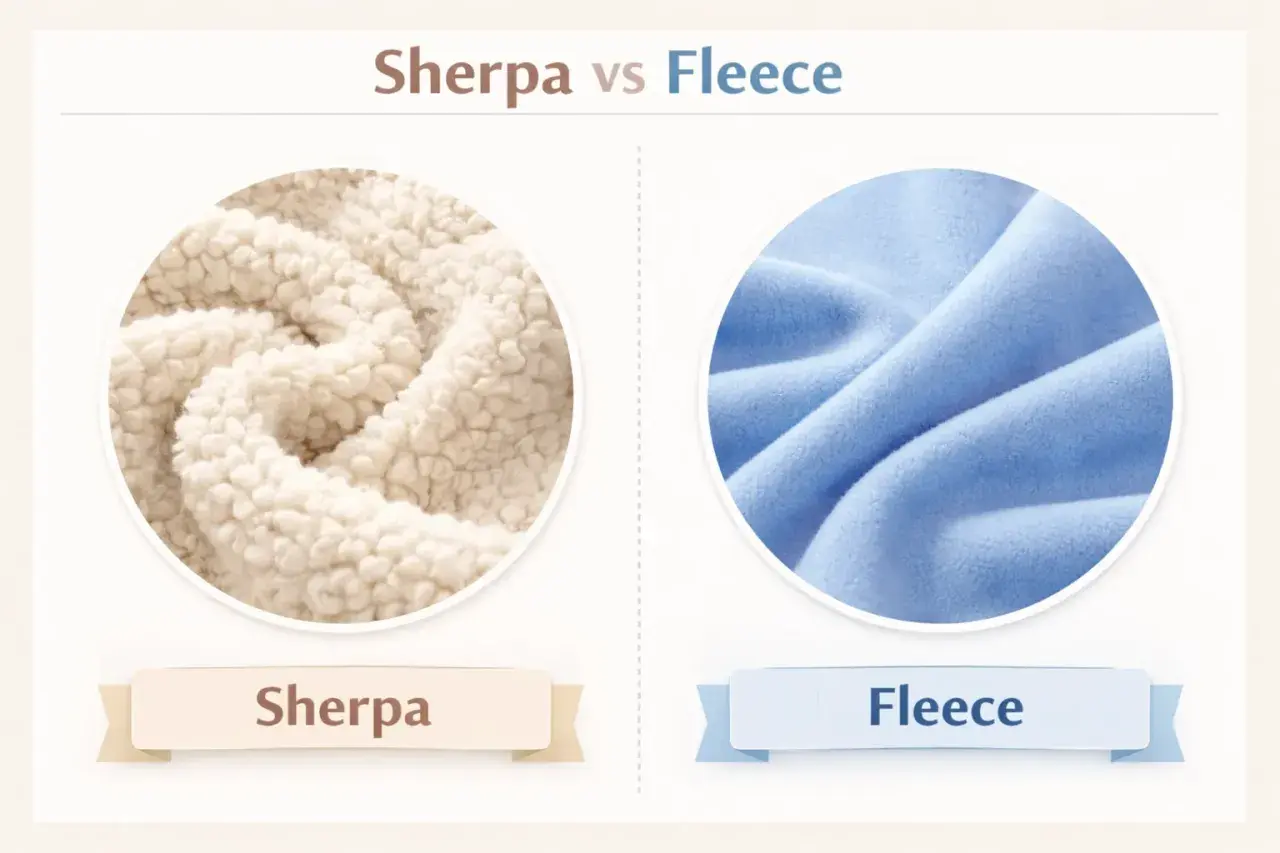 Close-up of sherpa fleece vs. smooth fleece. Is sherpa fleece vegan? This image shows the textures of both, with sherpa on the left and fleece on the right.