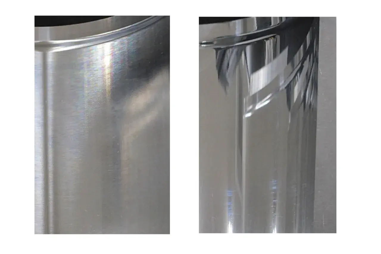 Dwa detale aluminiowe: jeden z widocznymi śladami po polerowaniu, drugi idealnie wypolerowany, lśniący.