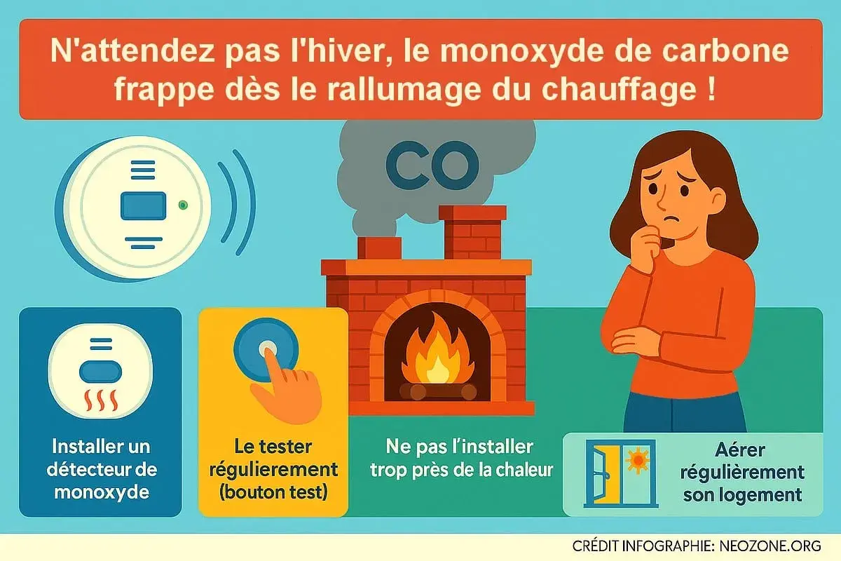 Installer un détecteur de monoxyde de carbone, le tester et aérer son logement pour éviter le danger.
