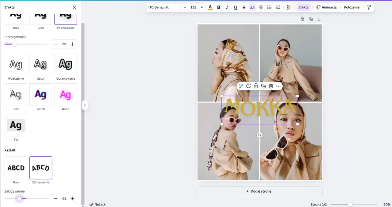 Edytor graficzny, gdzie można tworzyć projekty, np. plakaty. Widoczne opcje efektów tekstowych, jak "Glitch" czy "Neon", pokazują, co to Canva.