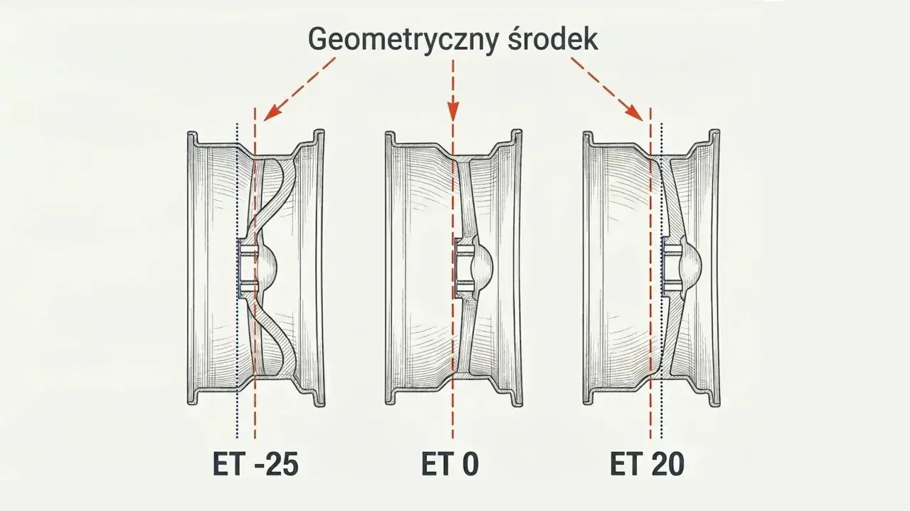 Ilustracja porównująca felgi z różnym ET: -25, 0 i 20. Pokazuje, jak zmienia się położenie geometrycznego środka felgi.