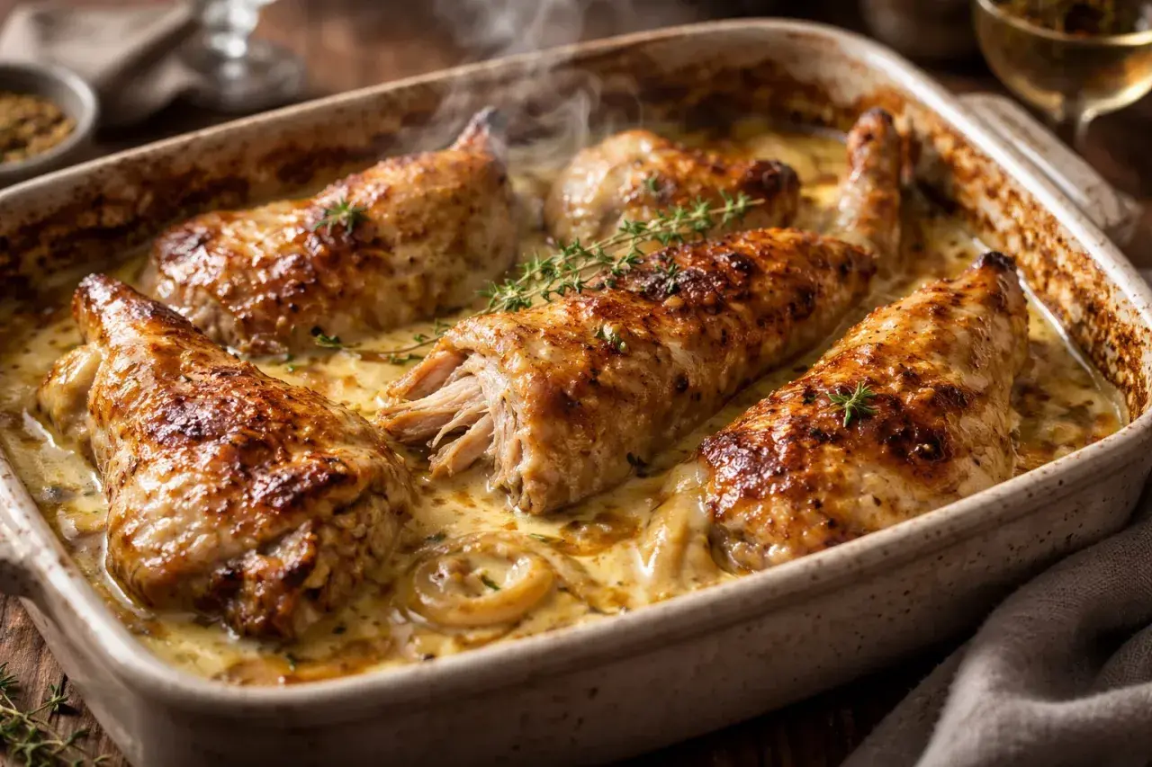 Morceaux de lapin à la moutarde, dorés et tendres, mijotant dans une sauce crémeuse et fumante, ornés de brins de thym frais.
