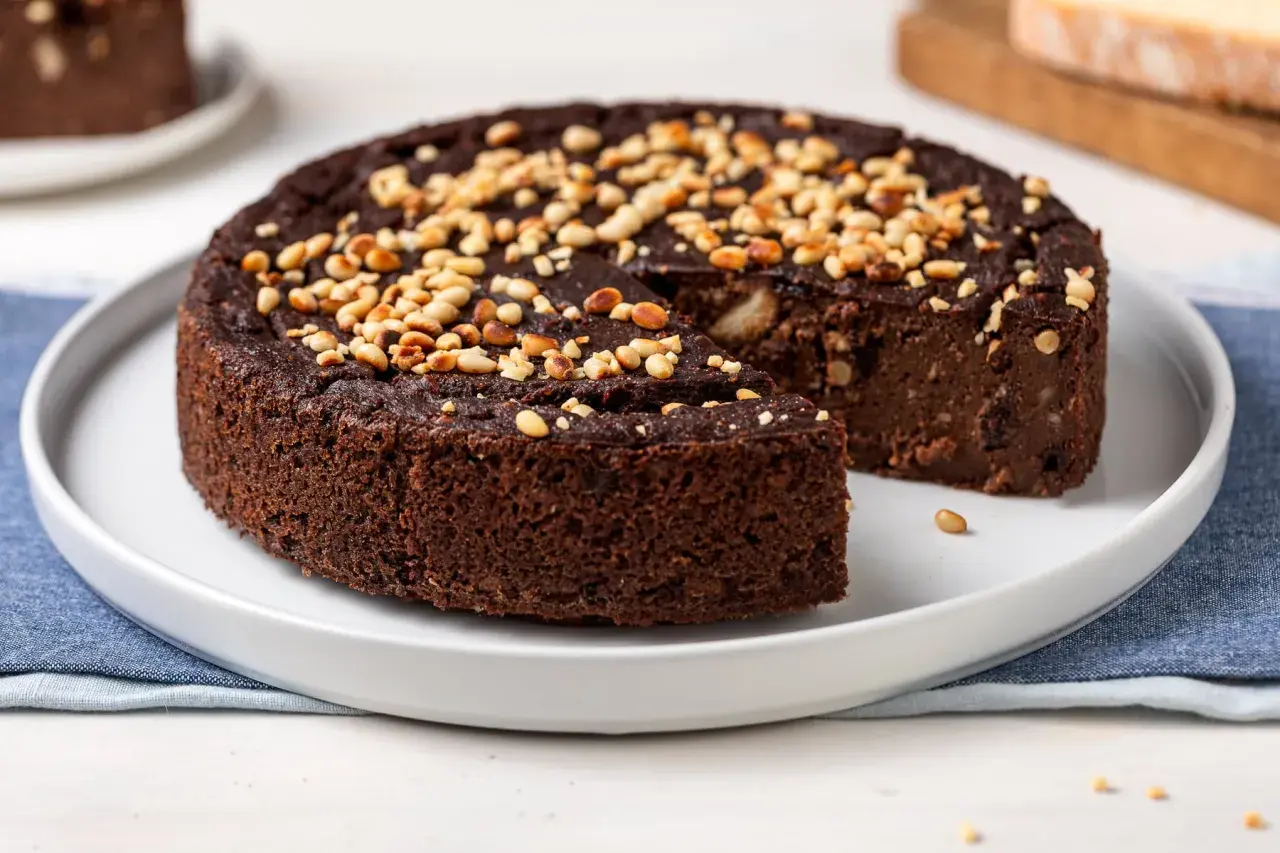 Torta di pane al cioccolato, soffice e ricca, guarnita con pinoli tostati. Un dolce goloso che profuma di casa.