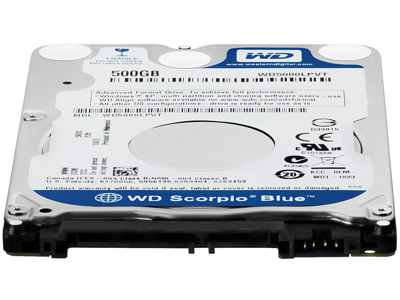 WD Scorpio Blue 500GB Festplatte. Ein Blick auf die technischen Daten und das Logo.