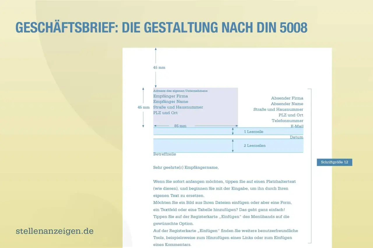 Gestaltung eines Geschäftsbriefs nach DIN 5008: Adressfelder für Absender und Empfänger, Betreff und Datum sind klar strukturiert.