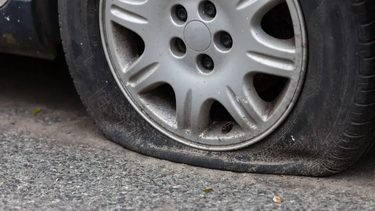 Gros plan sur une roue de voiture avec un pneu dégonflé, posée sur un trottoir gris. La jante est en alliage argenté.