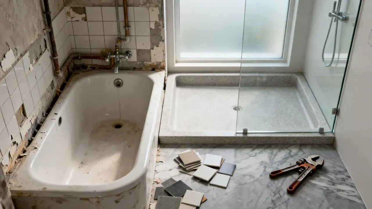 Baños en proceso de reforma, con una bañera antigua y un plato de ducha moderno listo para ser instalado.