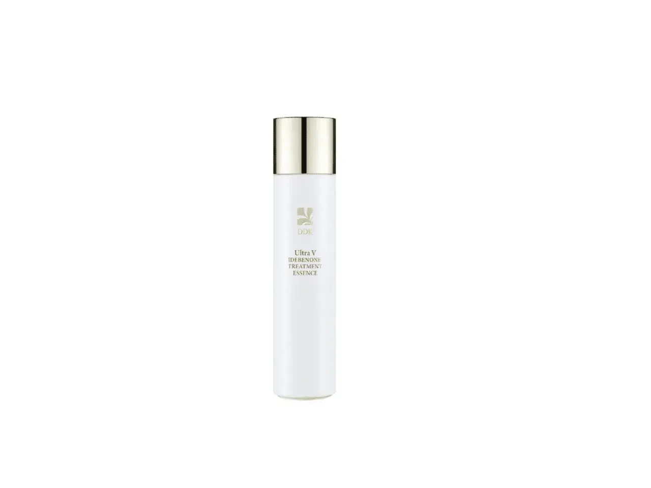 En vit flaska med guldig kork, märkt "Ultra V Idebenone Treatment Essence". Denna essence ger ditt ansikte en strålande lyster.