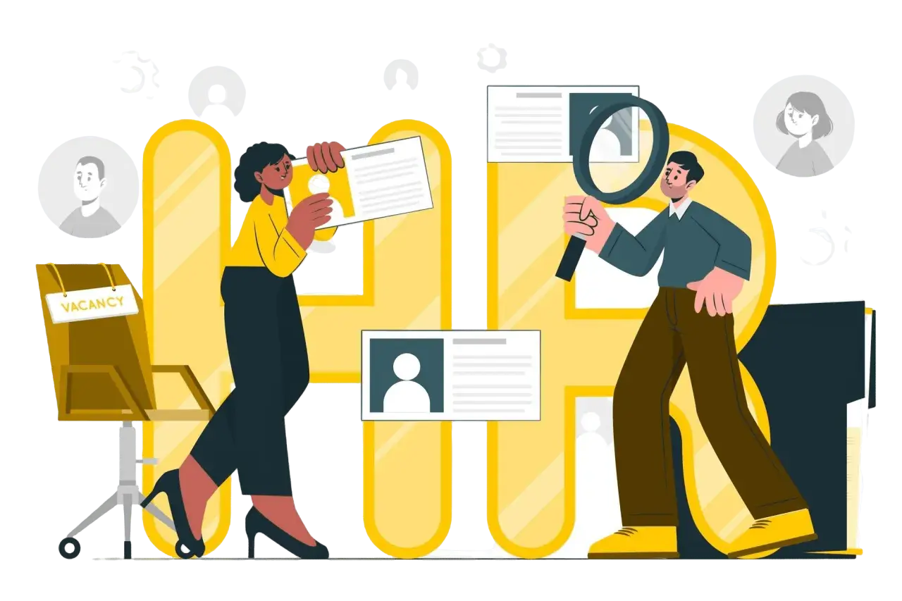Persone esaminano curriculum per hr recruitment. Una sedia con cartello "Vacancy" è visibile.