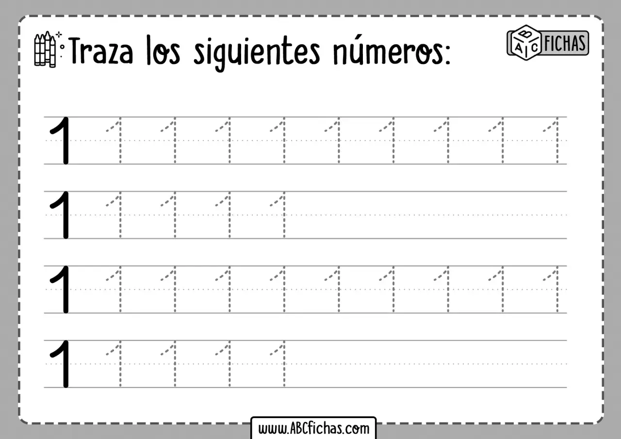 Hoja de caligrafía para practicar la escritura del número 1. Incluye líneas punteadas para trazar el número 1.