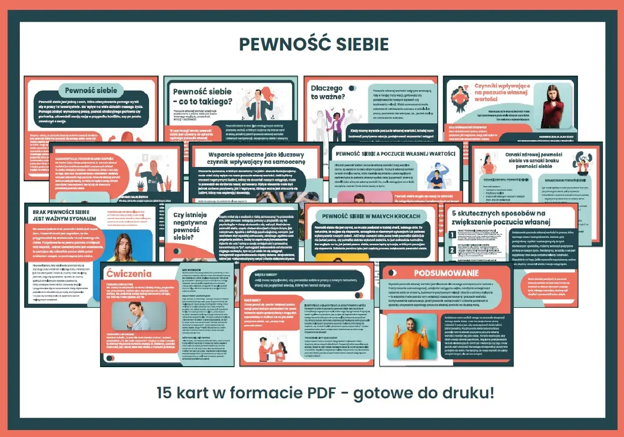 Jak być pewnym siebie w towarzystwie? Zestaw 15 kart PDF pomoże Ci budować pewność siebie i poczucie własnej wartości.