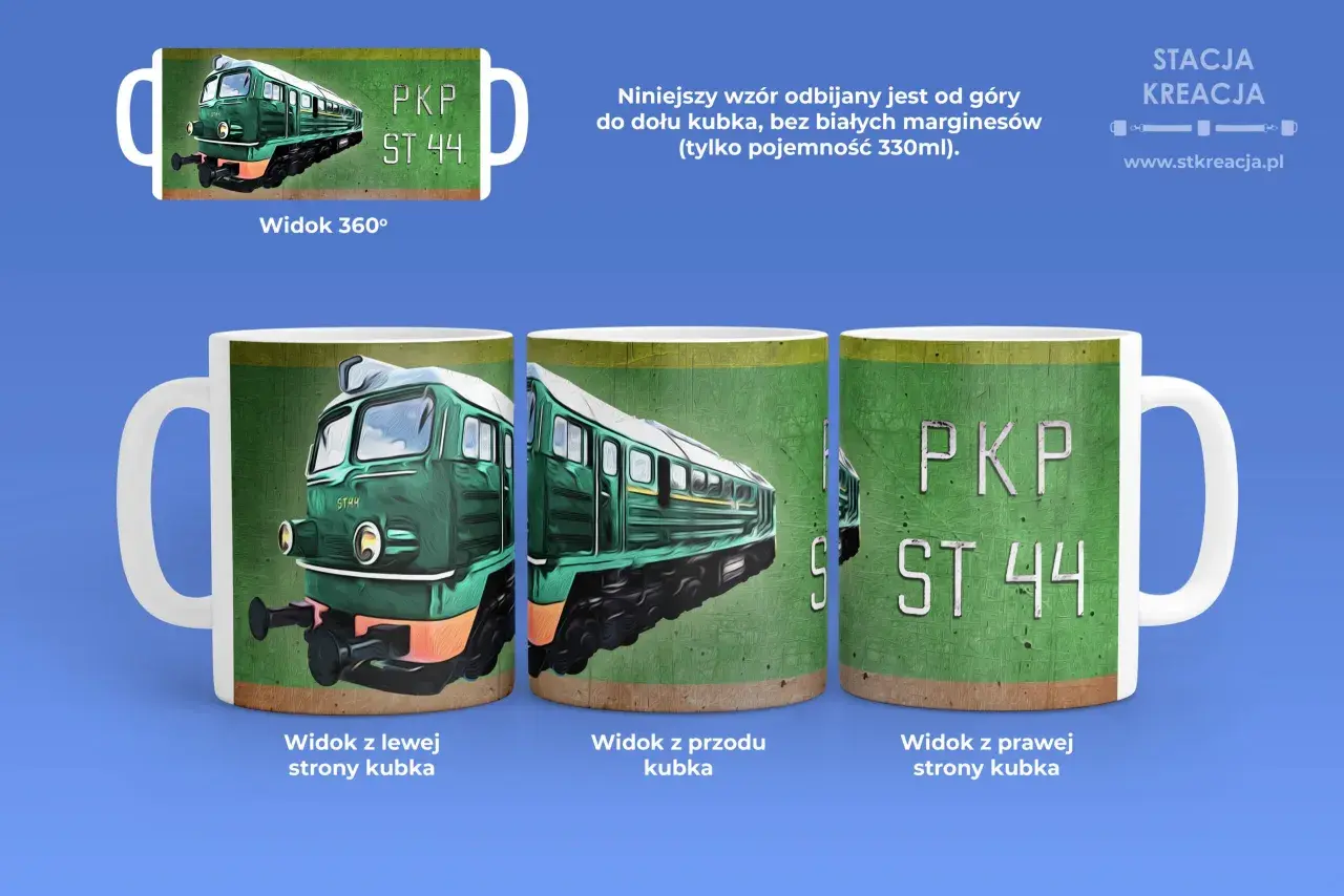 Kubek z motywem lokomotywy ST44 PKP Cargo. Widok z przodu, lewej i prawej strony.