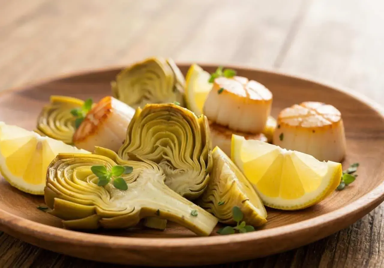 Assiette de Saint-Jacques poêlées et fleur d'artichaut coupée, garnie de quartiers de citron et de quelques herbes fraîches.