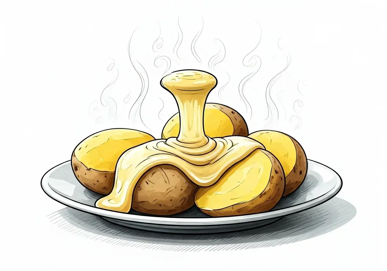 Pommes de terre chaudes nappées de fromage fondant, un délice qui évoque la raclette, synonyme de convivialité et de saveurs réconfortantes.