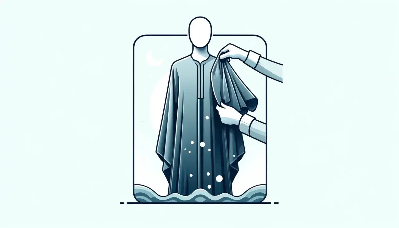 Hände falten ein elegantes, blaues Abendkleid, das auf einem Schaufensterpuppen steht. Unter dem Kleid sind Wellen angedeutet, die das Waschen symbolisieren.