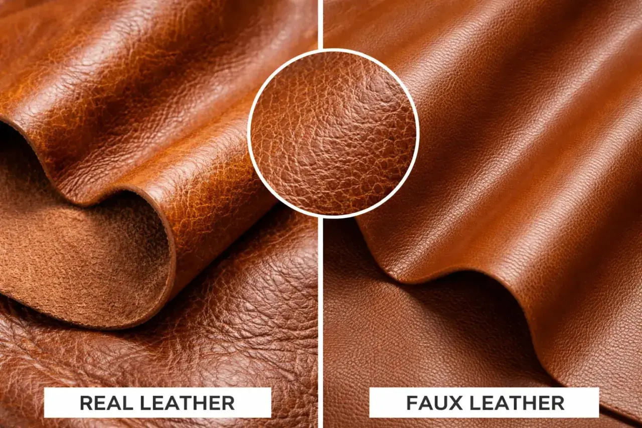 Confronto visivo: la differenza tra pelle ed ecopelle. La pelle vera mostra una grana irregolare e un aspetto vissuto, l'ecopelle una texture più uniforme.