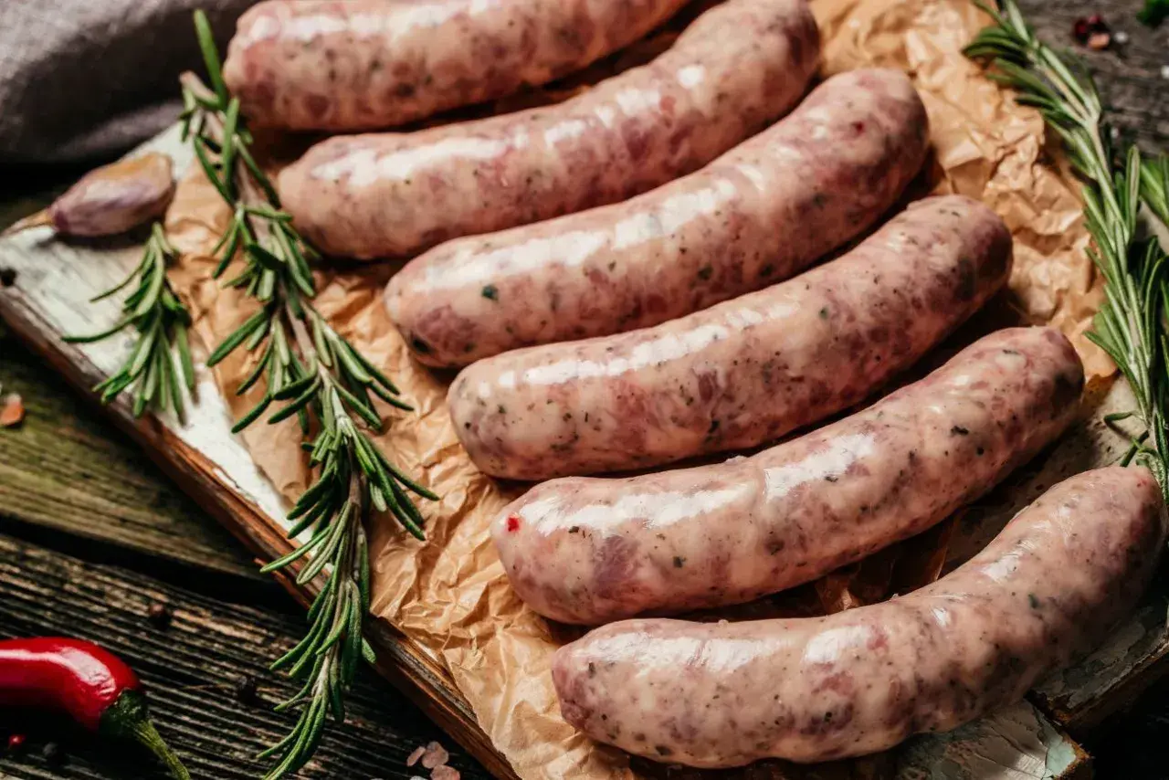 Surowa, świeża kiełbasa na desce, z gałązkami rozmarynu i papryczką chili. Zastanawiasz się, ile kiełbasa może być w zamrażarce?