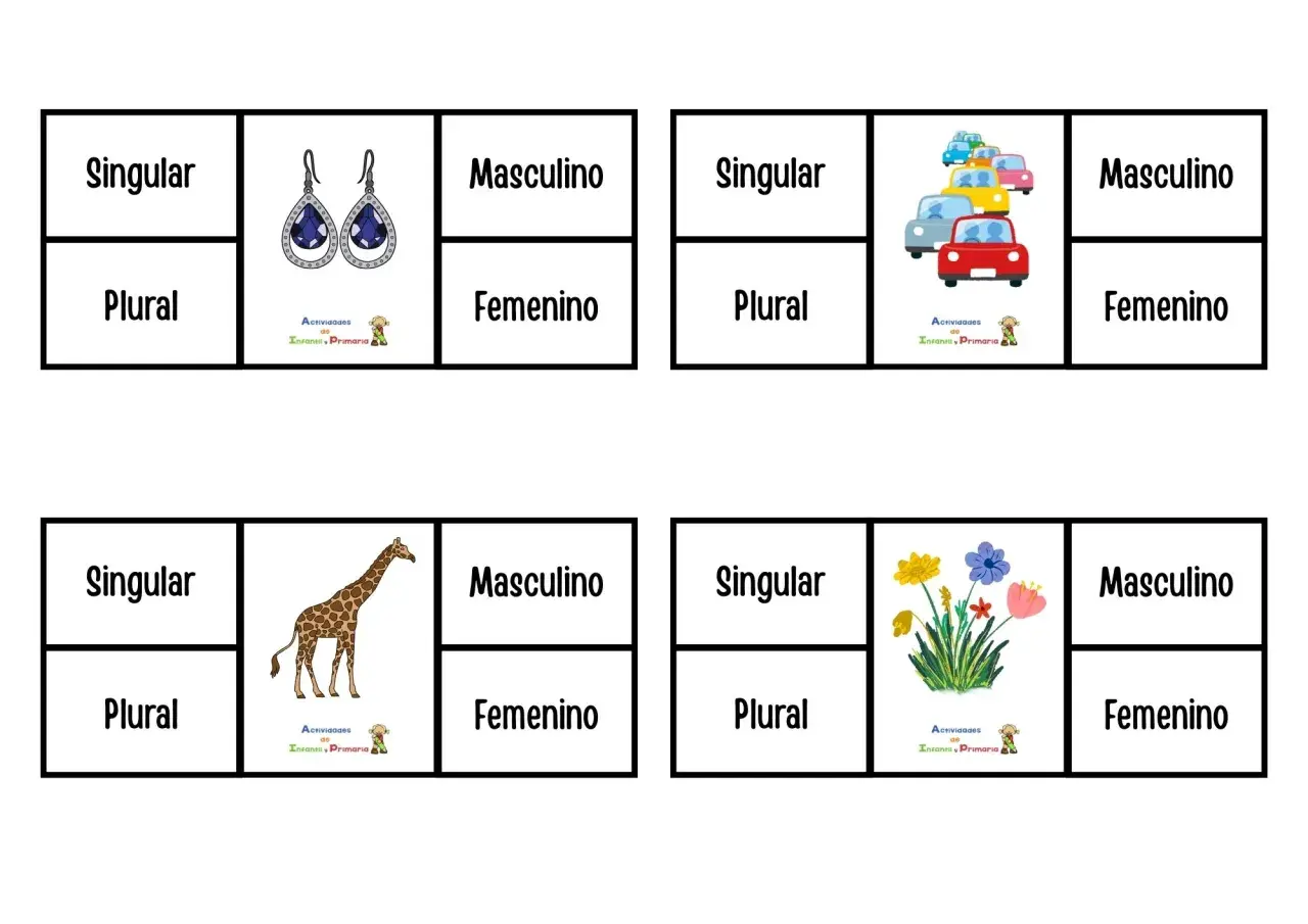 Cuatro tarjetas con divisiones para singular/plural y masculino/femenino, mostrando pendientes, coches, jirafa y flores.