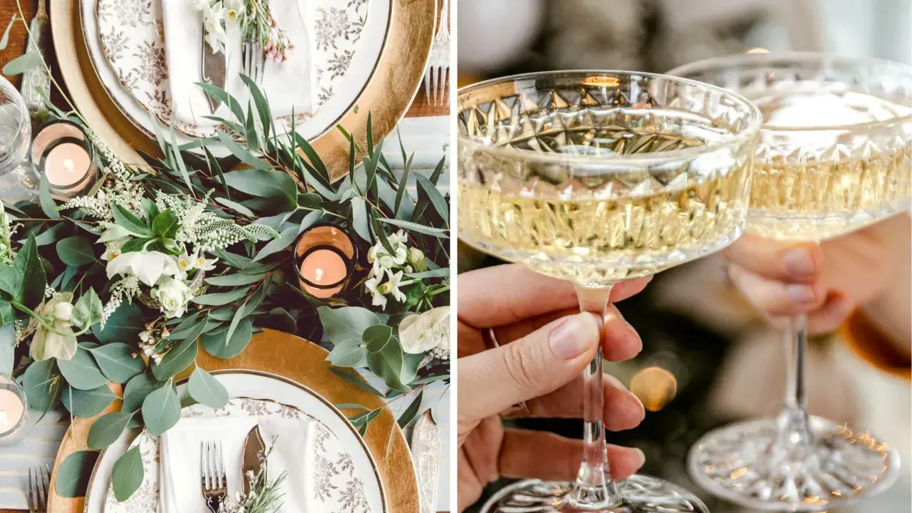 Enkel nyårsdukning med grönt bladverk, ljus och champagneglas.