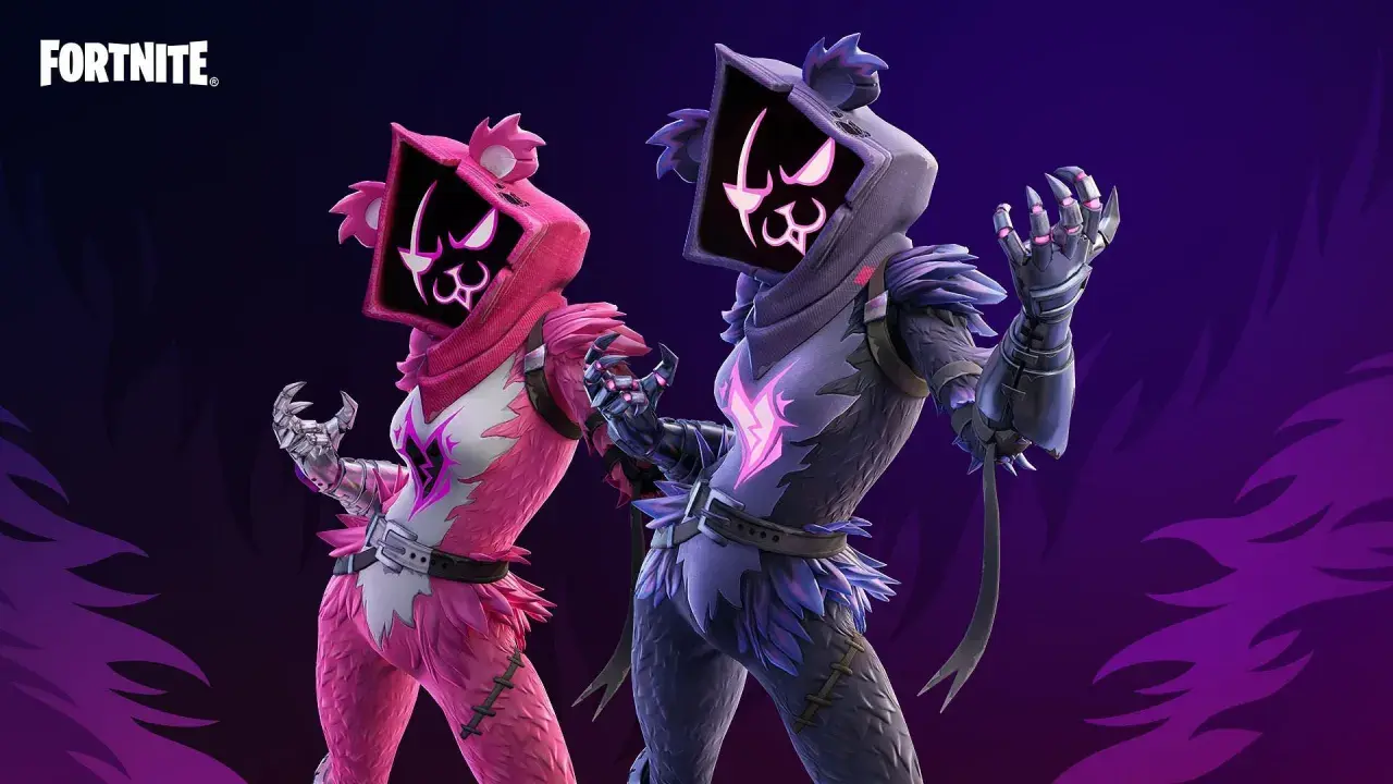 Dwie postacie z Fortnite: różowa i fioletowa, obie z maskami w kształcie głowy niedźwiedzia i neonowymi wzorami.