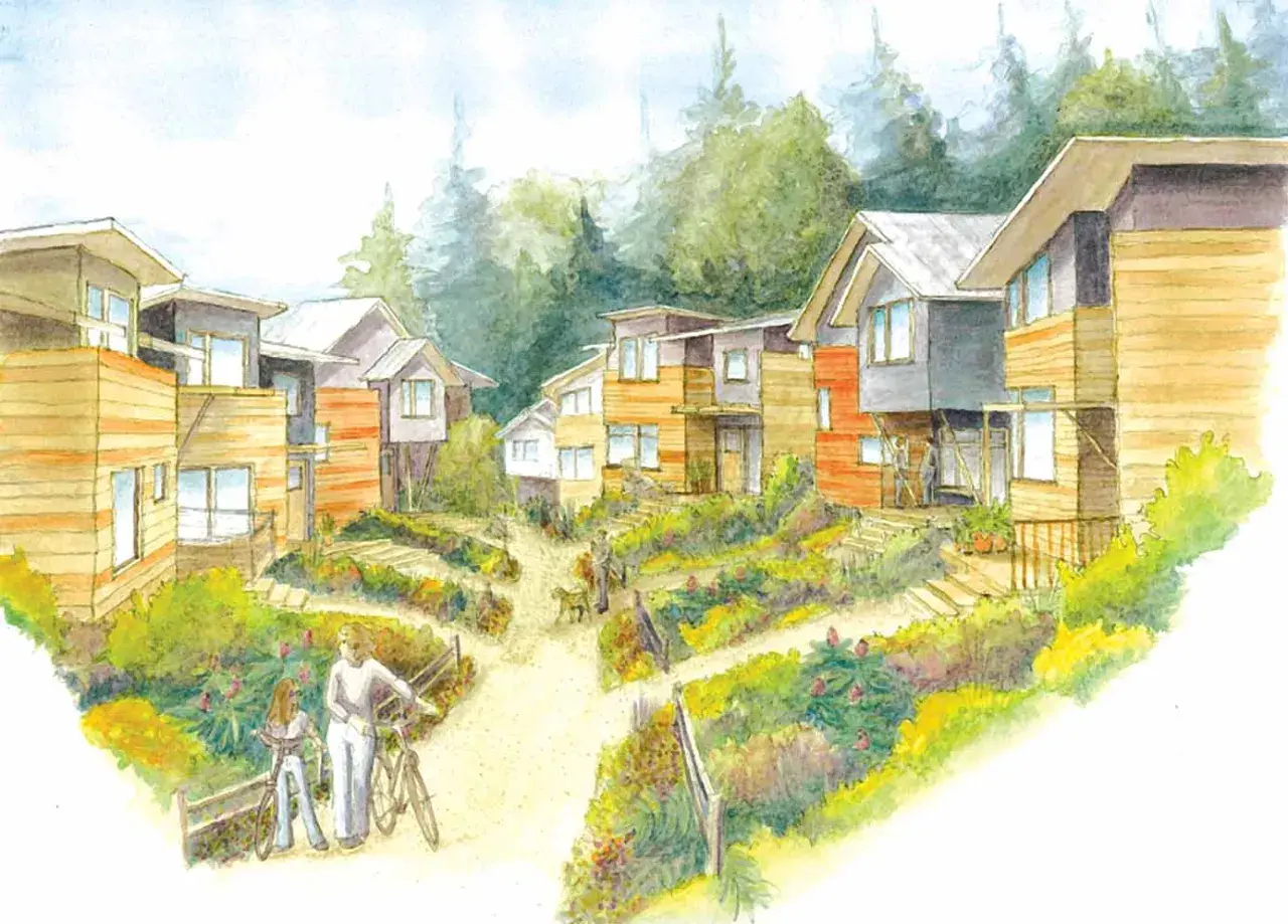 Esempi di cohousing: case moderne immerse nel verde, con sentieri e persone che passeggiano.