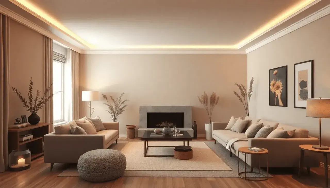 Salon cosy aux tons taupe et beige. Des canapés confortables, une cheminée moderne et des touches végétales créent une ambiance chaleureuse. Quelle couleur avec du taupe ? Le beige, le crème, et les tons terreux s'harmonisent parfaitement.