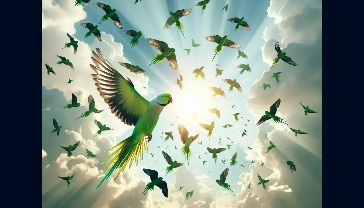 Un gran loro verde lidera una bandada de loros en el cielo azul, un sueño con loros que parece una visión celestial.