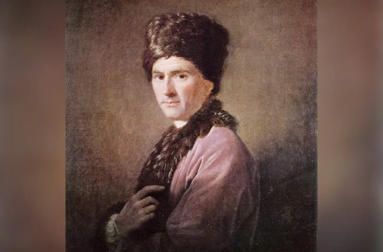Portret Jeana-Jacques'a Rousseau w futrzanej czapie i różowej szacie, myślącego o swoich książkach.