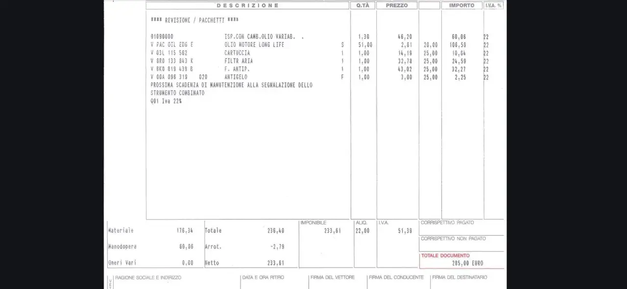 Dettaglio tagliando Toyota Yaris: olio motore, filtro aria, antigelo e manodopera. Costo totale 285,00 Euro.