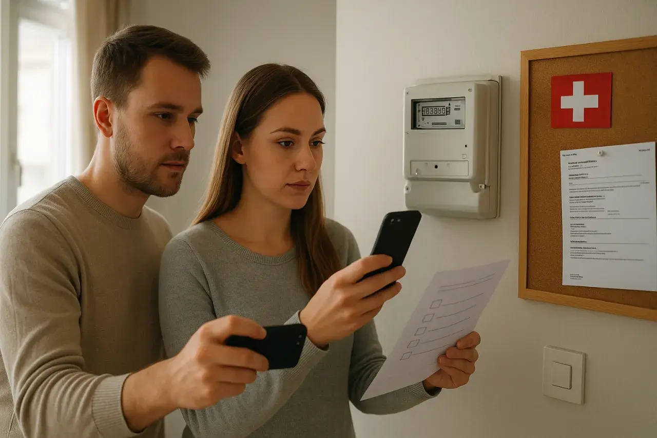 Para z telefonami przy liczniku gazowym i arkuszem papieru.