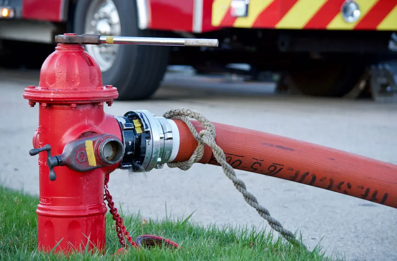 Czerwony hydrant naziemny podłączony do węża strażackiego, z tyłu widać fragment wozu strażackiego.