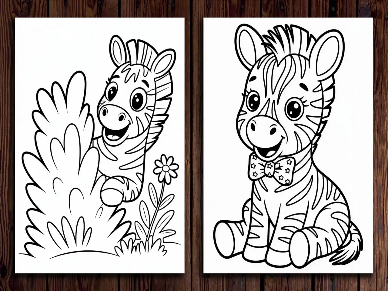 Dos adorables cebras para colorear, una escondida entre arbustos y otra con pajarita, listas para llenarse de color.