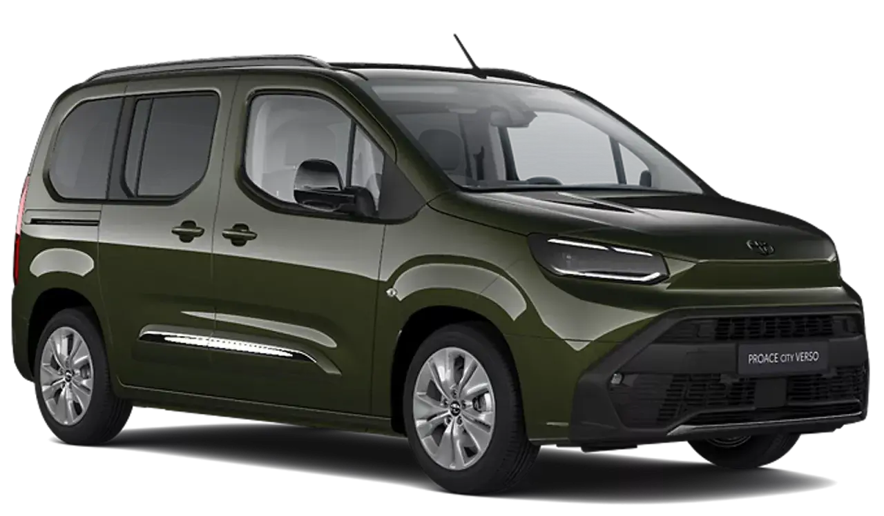 Zielony Toyota Proace City Verso, wszechstronny van, idealny na rodzinne wypady i przewóz ładunków.
