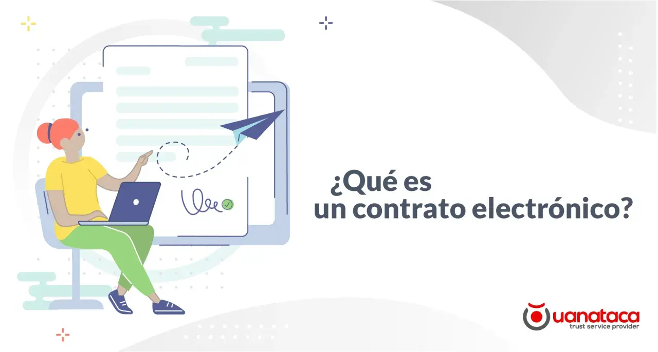 Ilustración de una mujer usando una laptop para firmar contrato a distancia.