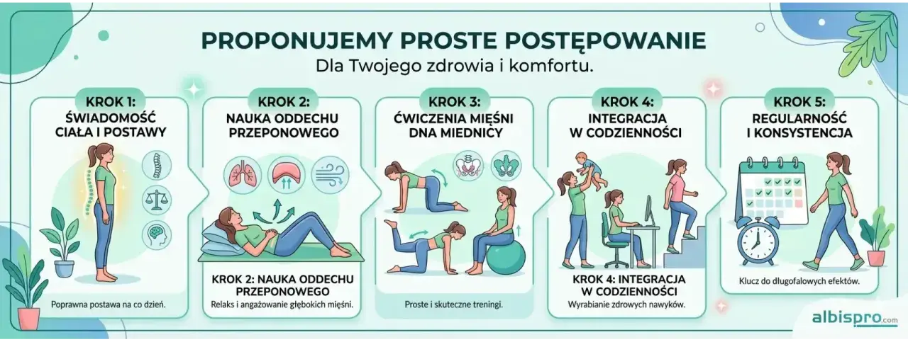 Pięć kroków do zdrowia: świadomość ciała, oddech, ćwiczenia, integracja w codzienności i regularność. Terapia integracyjna dla lepszego samopoczucia.