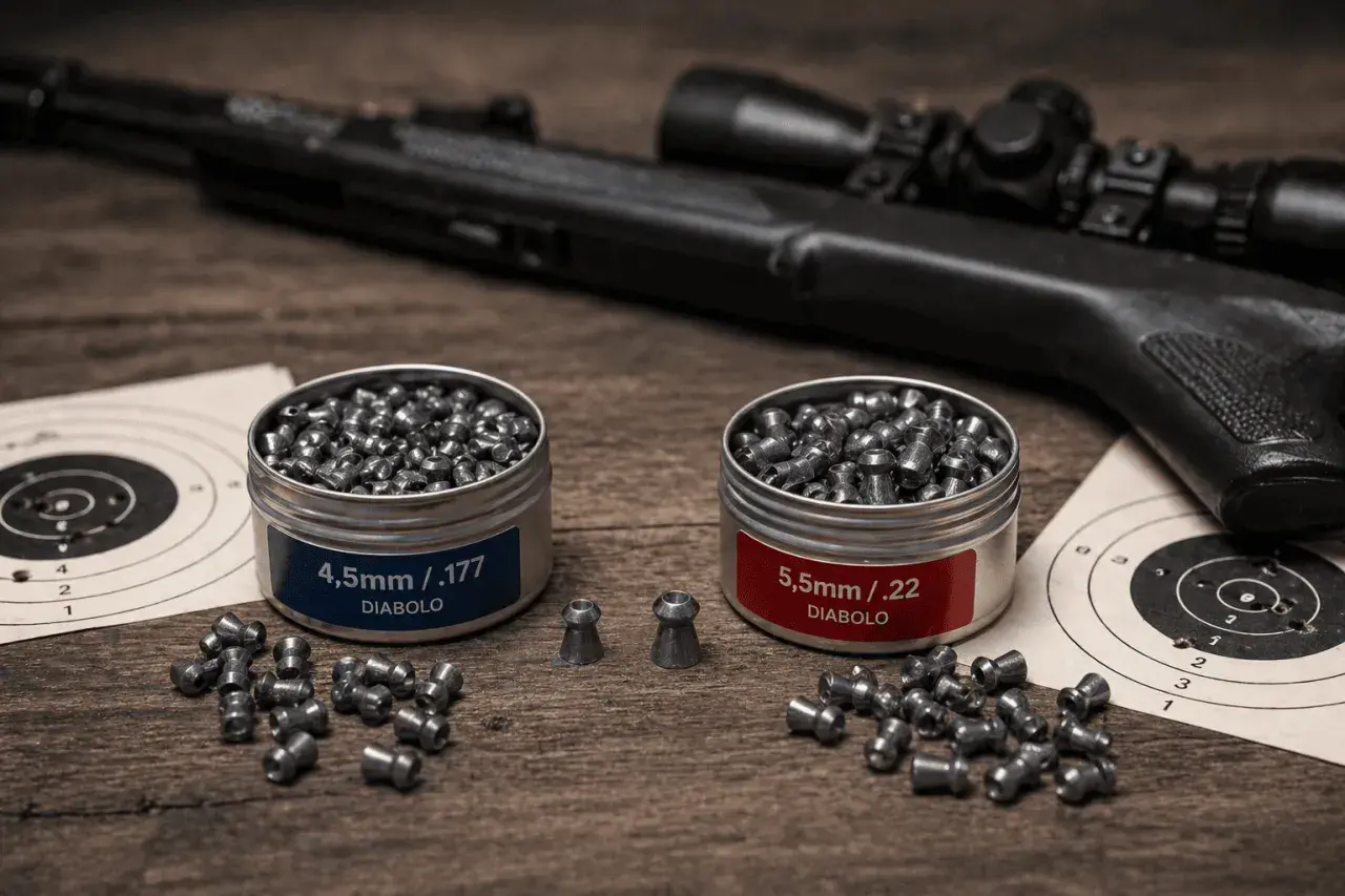 Plombs de calibre 5,5 mm et 4,5 mm, prêts pour le tir sur cible avec une carabine.