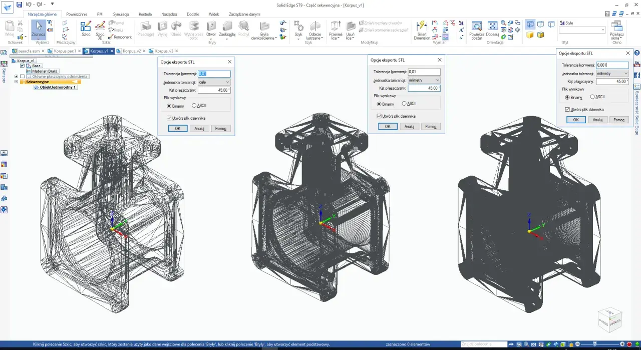 Eksport modelu 3D do formatu STL w programie Solid Edge. Widoczne okno dialogowe "Opcje eksportu STL" z ustawieniami tolerancji i jednostek, a także podgląd siatki modelu. To jest plik dwg.