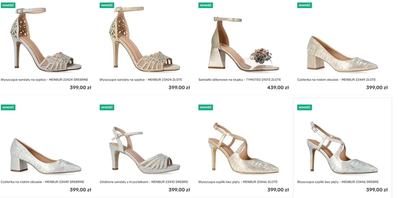 Szukasz idealne buty na ślub? Błyszczące sandały, czółenka i szpilki w kolorze złota i srebra.