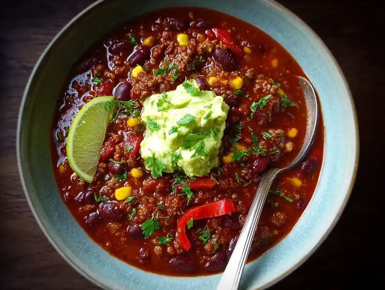 En skål med mustig chili con carne, toppad med guacamole, lime och koriander. Ett perfekt chili recept för en kall kväll.