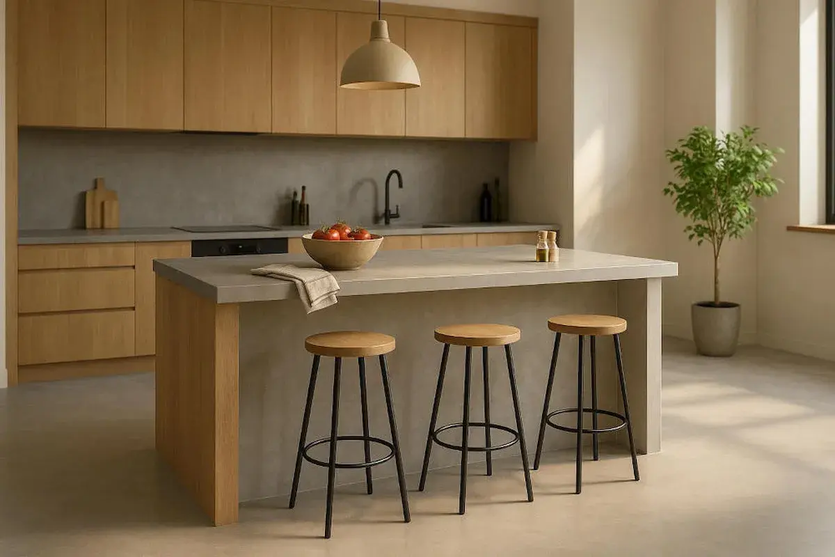 Cocina moderna con encimera microcemento, gabinetes de madera y taburetes.