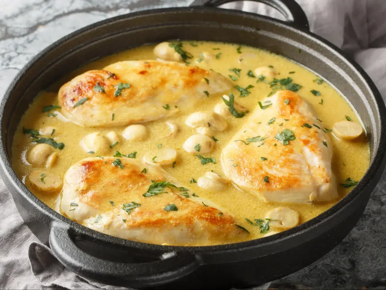 Aromatyczna potrawka z kurczaka w kremowym sosie z pieczarkami, posypana świeżą natką pietruszki, podana w czarnym naczyniu.