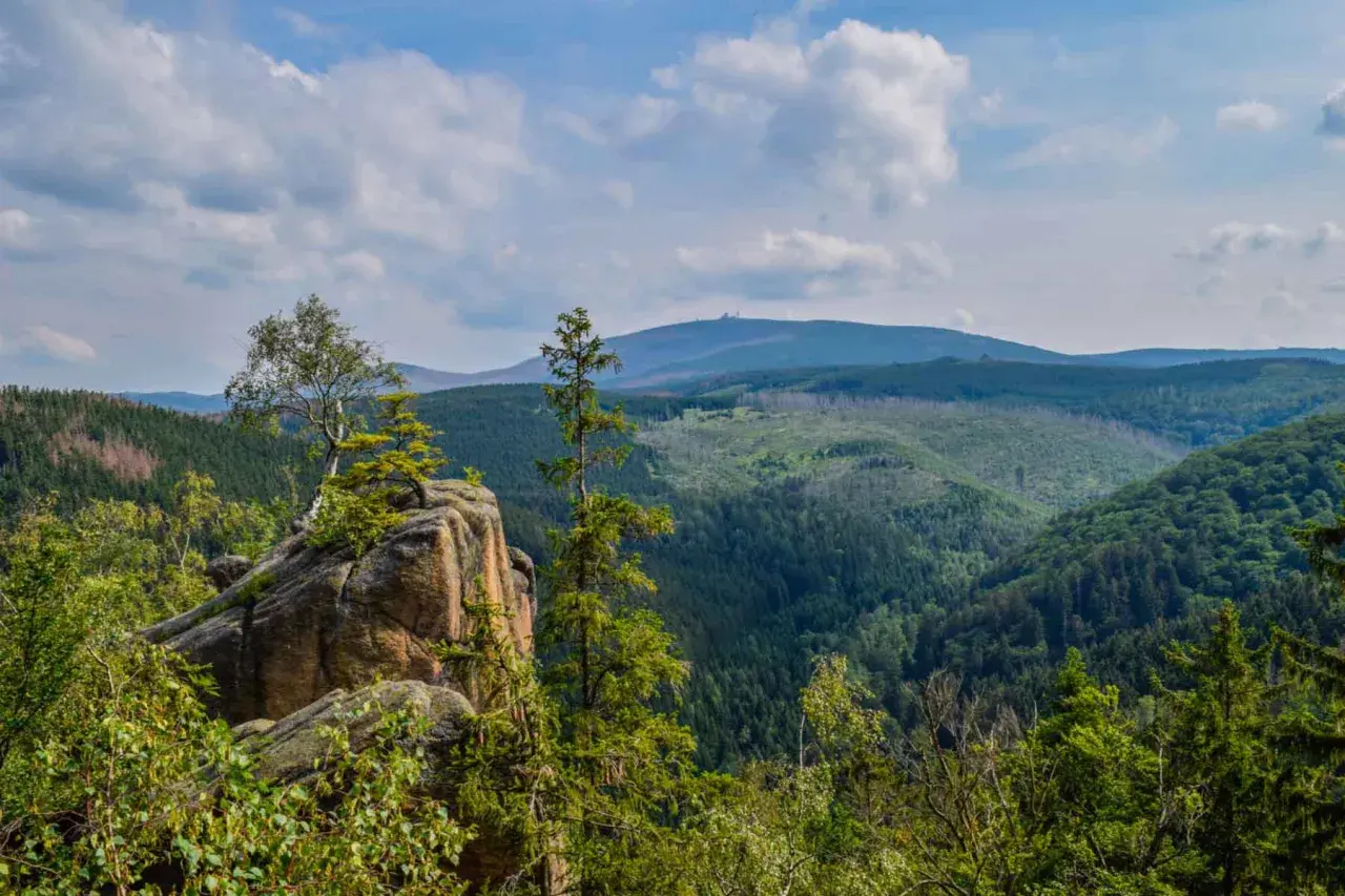 Felsformation mit Bäumen im Vordergrund, im Hintergrund bewaldete Hügel und Berge. Ein echter **Geheimtipp Bad Harzburg** für Naturliebhaber.