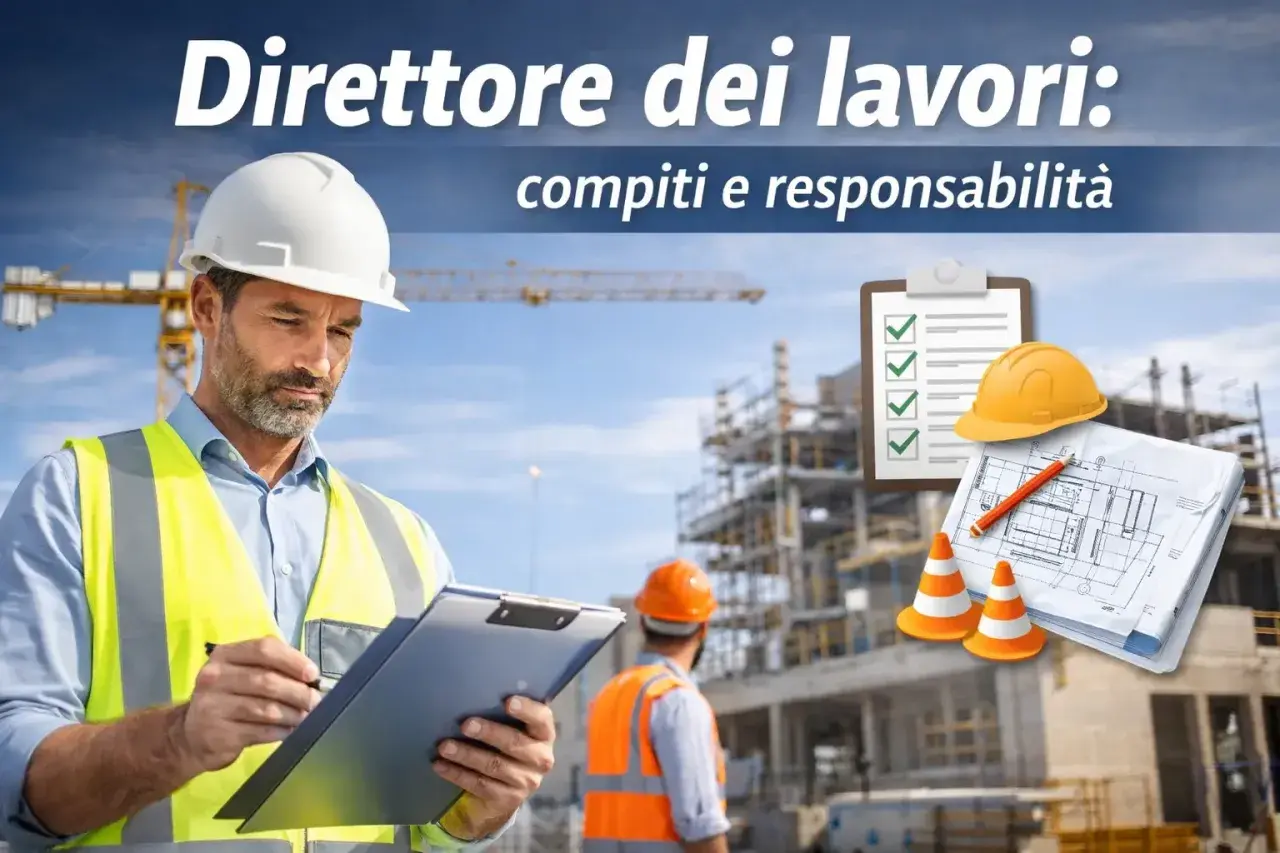 Direttore dei lavori: un uomo con casco e giubbotto ad alta visibilità esamina documenti in un cantiere. Compiti e responsabilità.