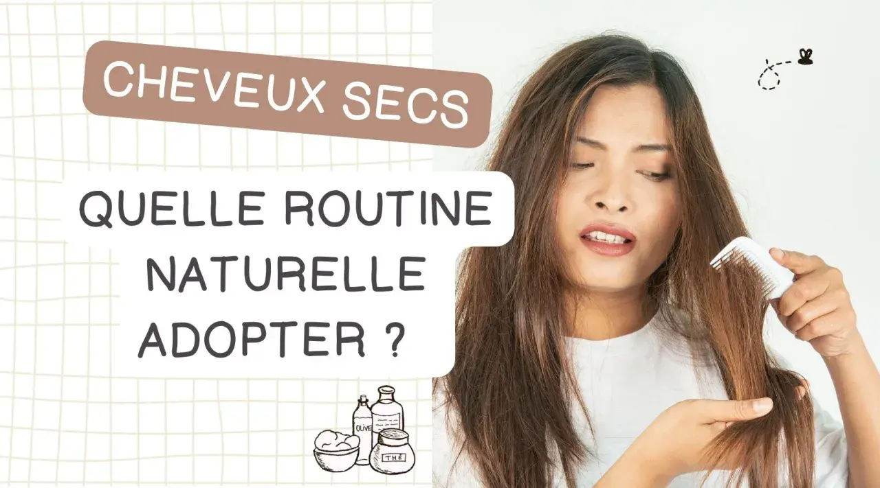 Femme se coiffant les cheveux secs avec un peigne, entourée d'illustrations de produits capillaires naturels.